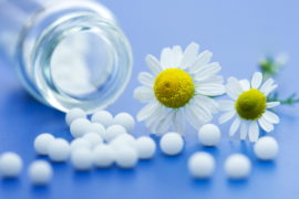 Chamomile flower and homeopathic medication on blue surface